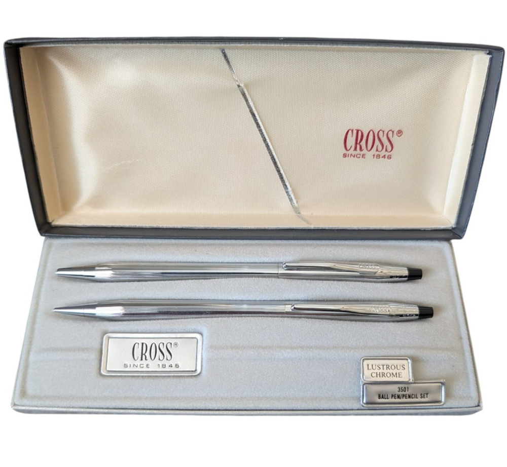 Vintage Cross 3501 Ballpoint Pen Pencil Set with Box USA Lustrous Chrome Silver
